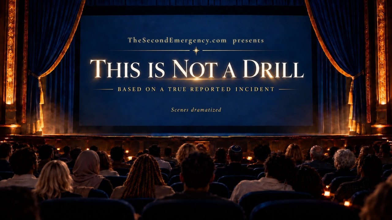 An audience in an old cinema watches the title This Is Not a Drill on the screen